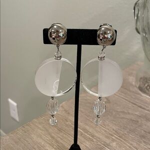 Vintage 90’s Modernist Frosted Clear Lucite Dangle Silver Clip On Earrings